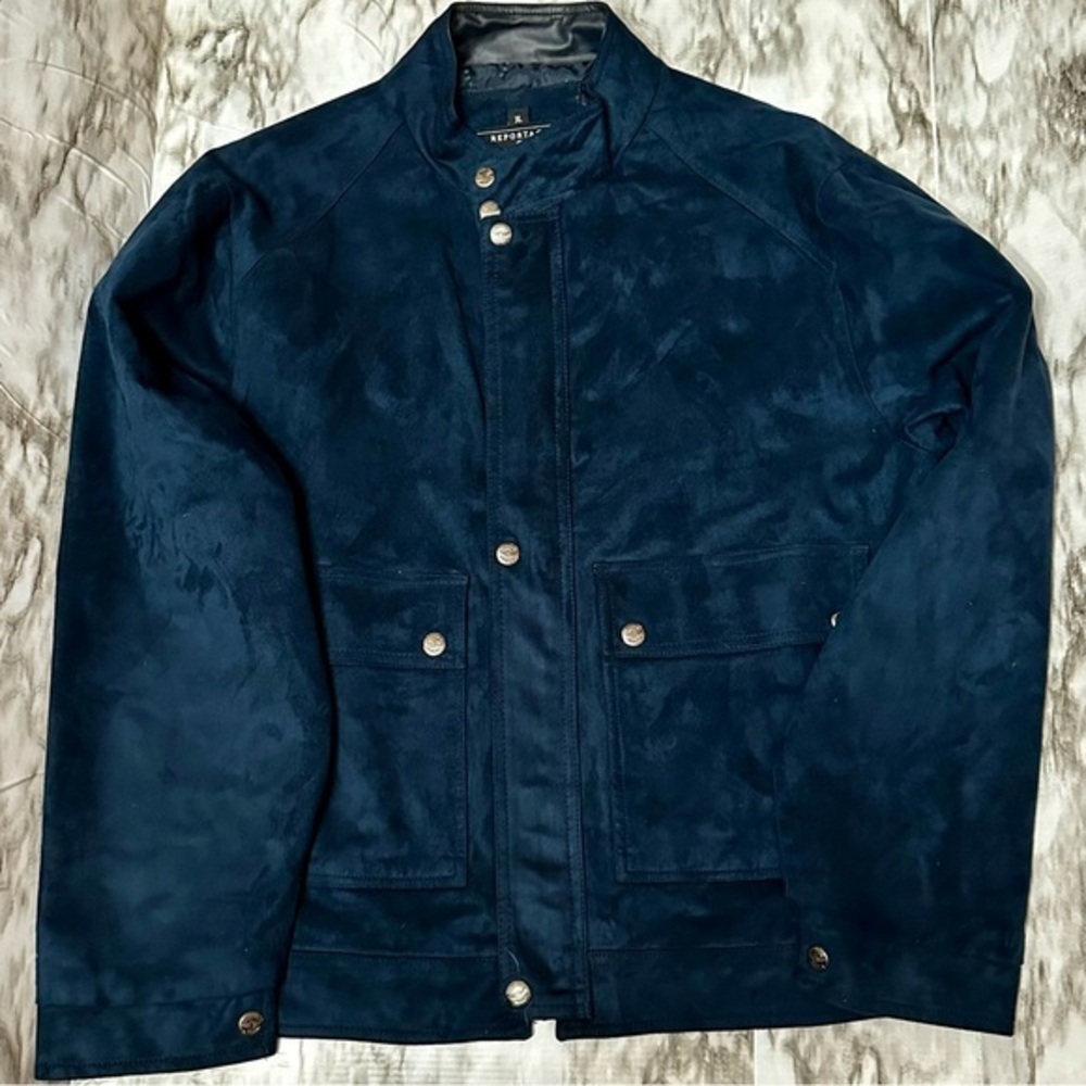 Report Deep Blue Suede Moto Oversized Jacket XL Biker Standing Collar Fall Fun